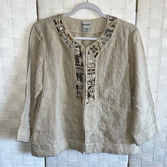 Chico’s Womens Tunic Linen Blend Blazer Jacket Size Medium Jewl Embroidered - Picture 7 of 16